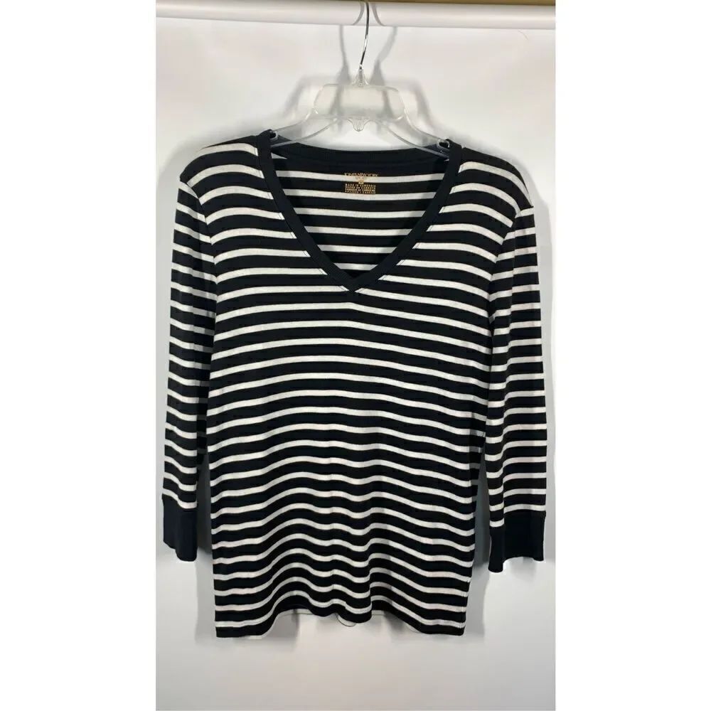 Jones New York Womens Striped Neck Pullover Sweater Black And White Medium